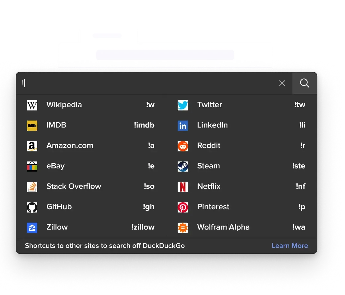 Des exemples de commandes !bang sur DuckDuckGo