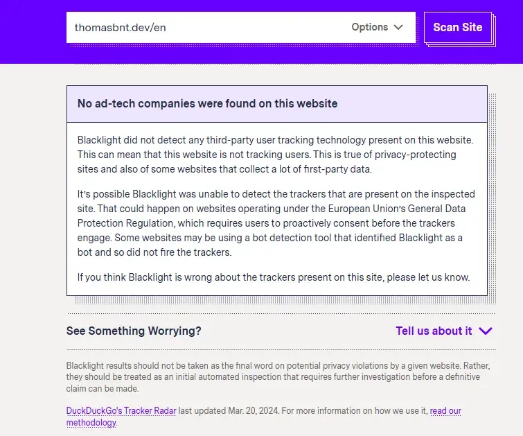 Exemple de scan de mon site web thomasbnt.dev Monde avec Blacklight, montrant les traqueurs absents