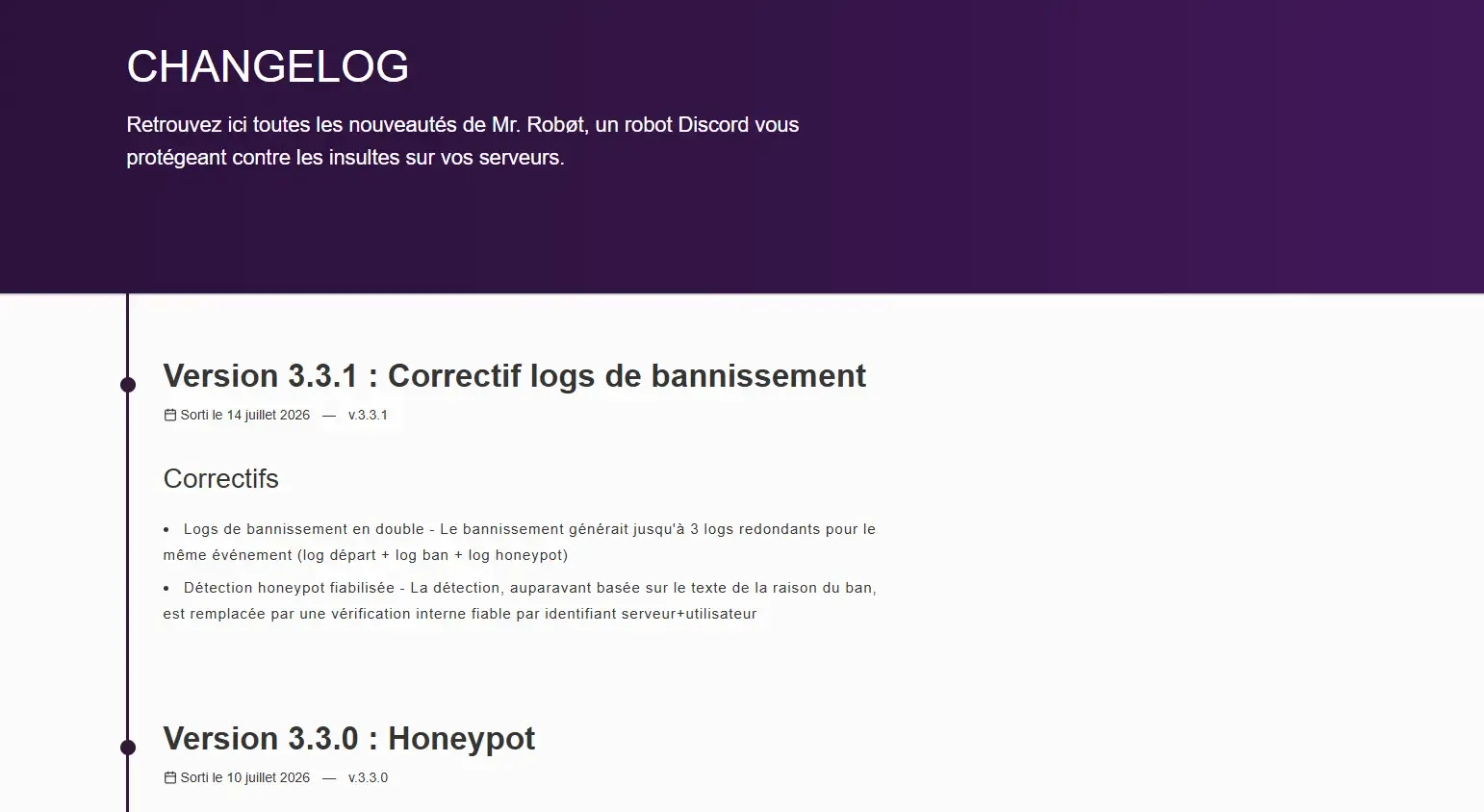 Aperçu du changelog public de Mr. Robøt
