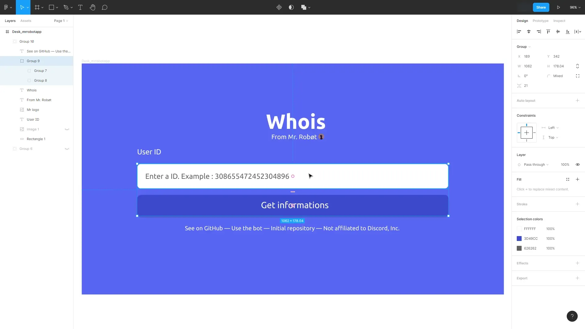 Un exemple de design sur le logiciel Figma reprenant la page Whois de Mr. Robot app