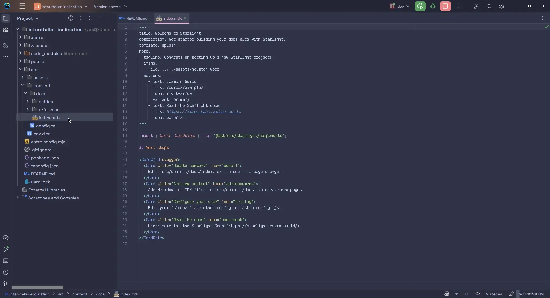 WebStorm IDE avec le fichier index.mdx d’ouvert.