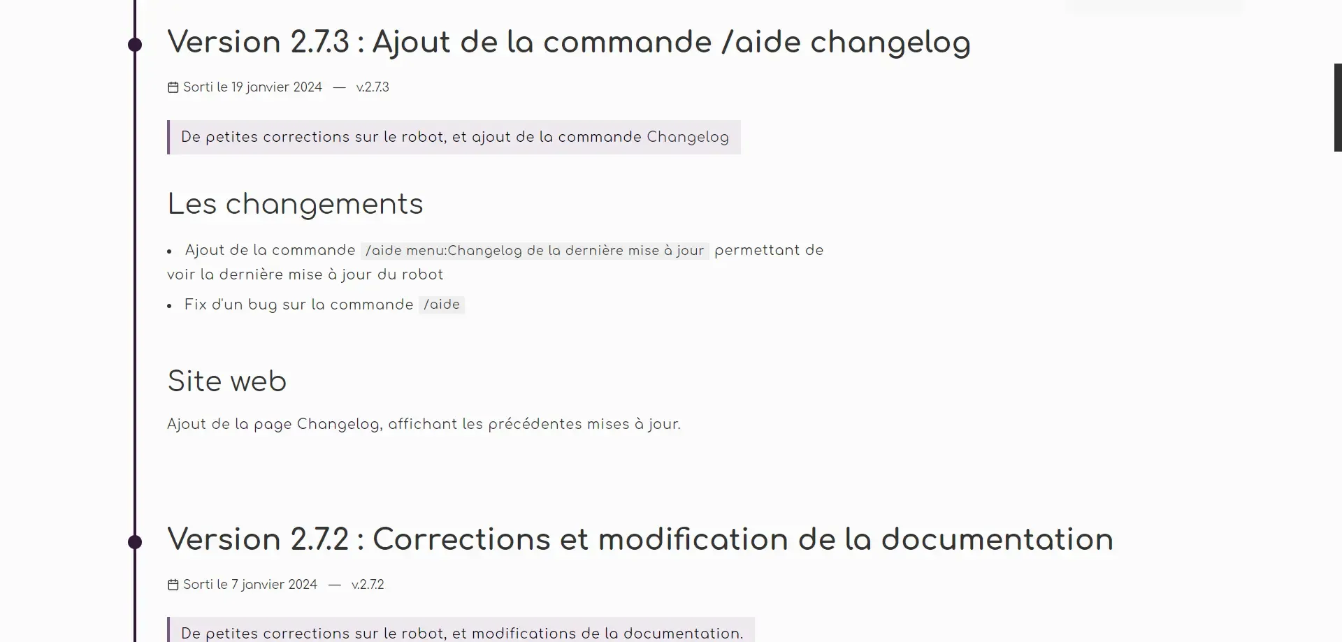 Résultat du code avec les changelogs, intégrant donc le call API de Strapi, et l’utilisation du paquet markdown-it pour transformer le markdown en HTML.