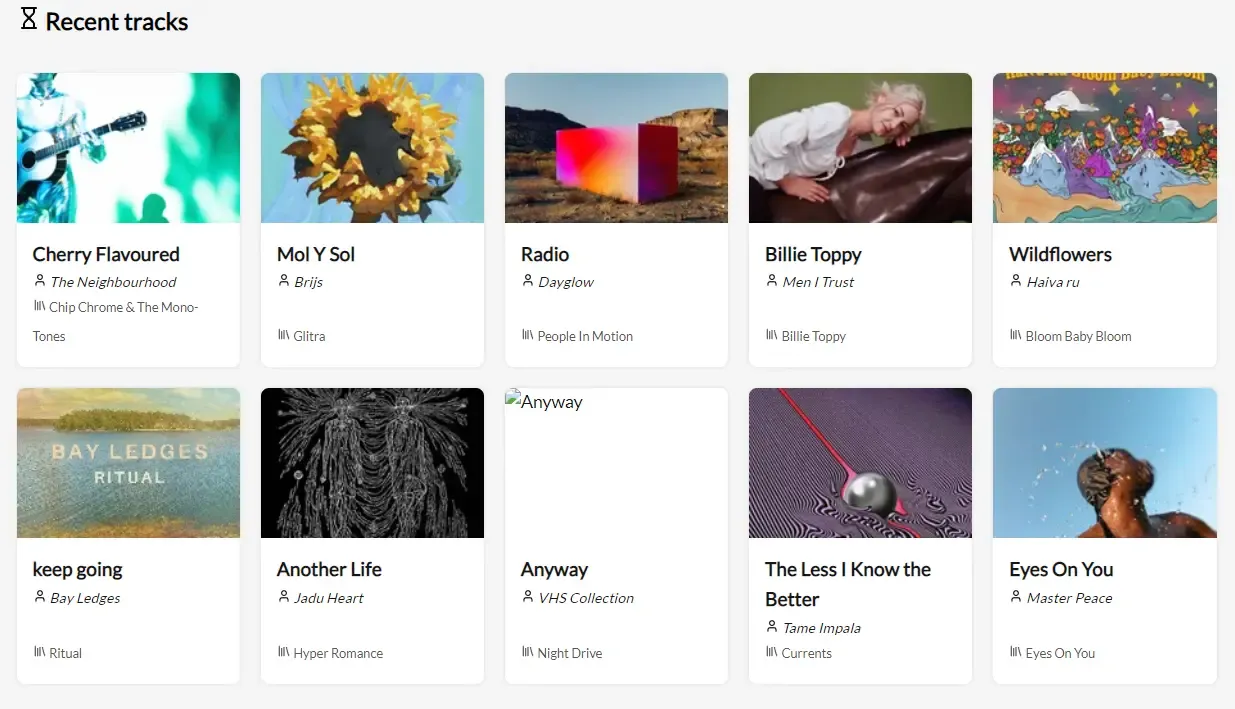 Une preview de la section des récentes écoutes créé à partir de VueJS et de l'API de Last.fm