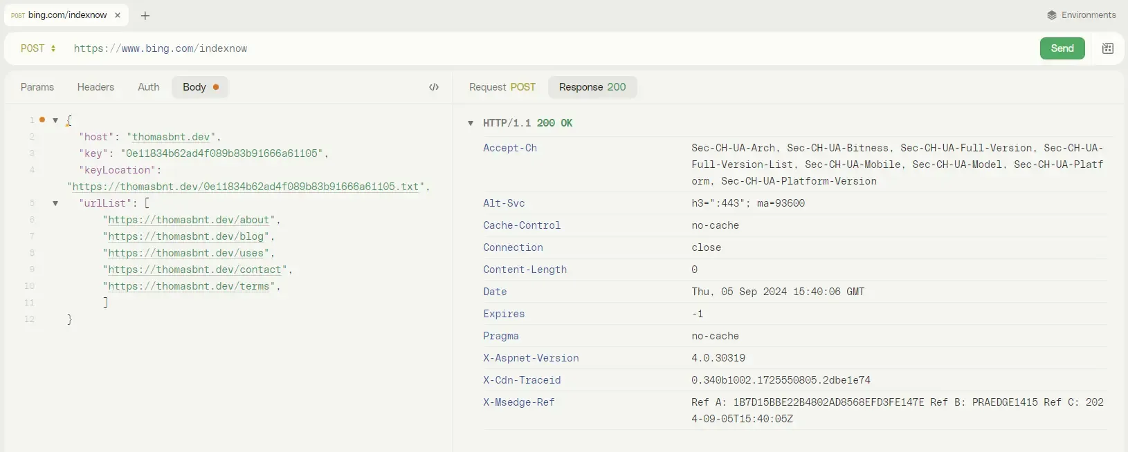 Réponse 200 OK de la requête IndexNow avec HTTPie comme client HTTP