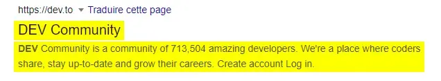 Exemple de SEO avec le site web dev.to sur le moteur de recherche Google