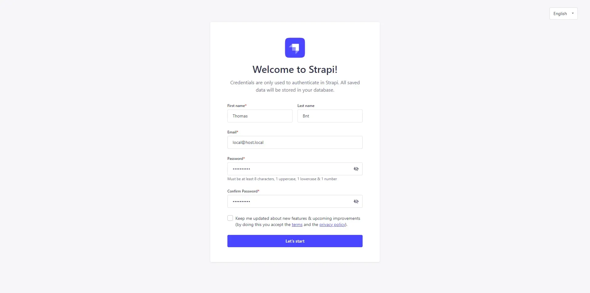 Page d’inscription Strapi pour le premier compte Super Admin avec les champs textes comme le prénom, nom, adresse e-mail et mot de passe.