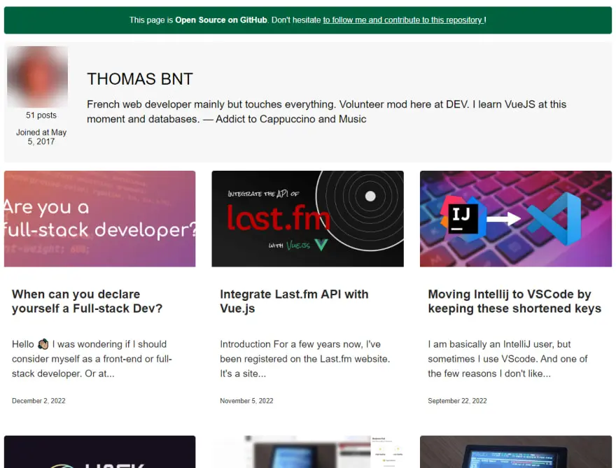 Preview du projet dev.to profile fait avec Vue.js et l'API de DEV