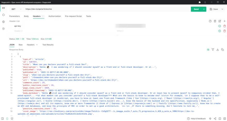 Une requête GET https://dev.to/api/articles/me avec le Client Hoppscotch