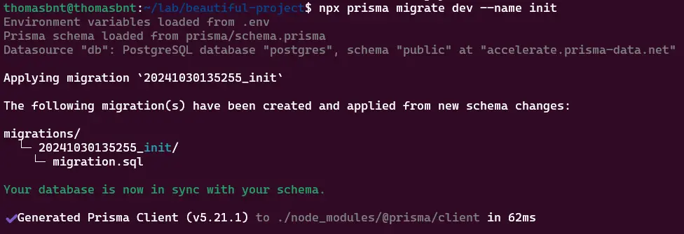 Sortie lors de l'exécution d'une commande Prisma migrate