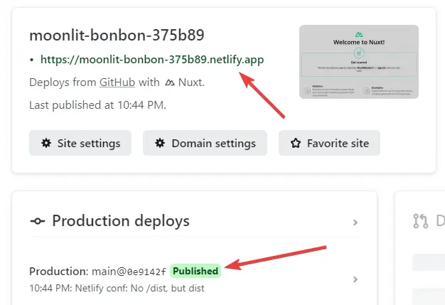 Le tableau de bord de Netlify avec l'aperçu du site web Nuxt, qui vient d'être déployé