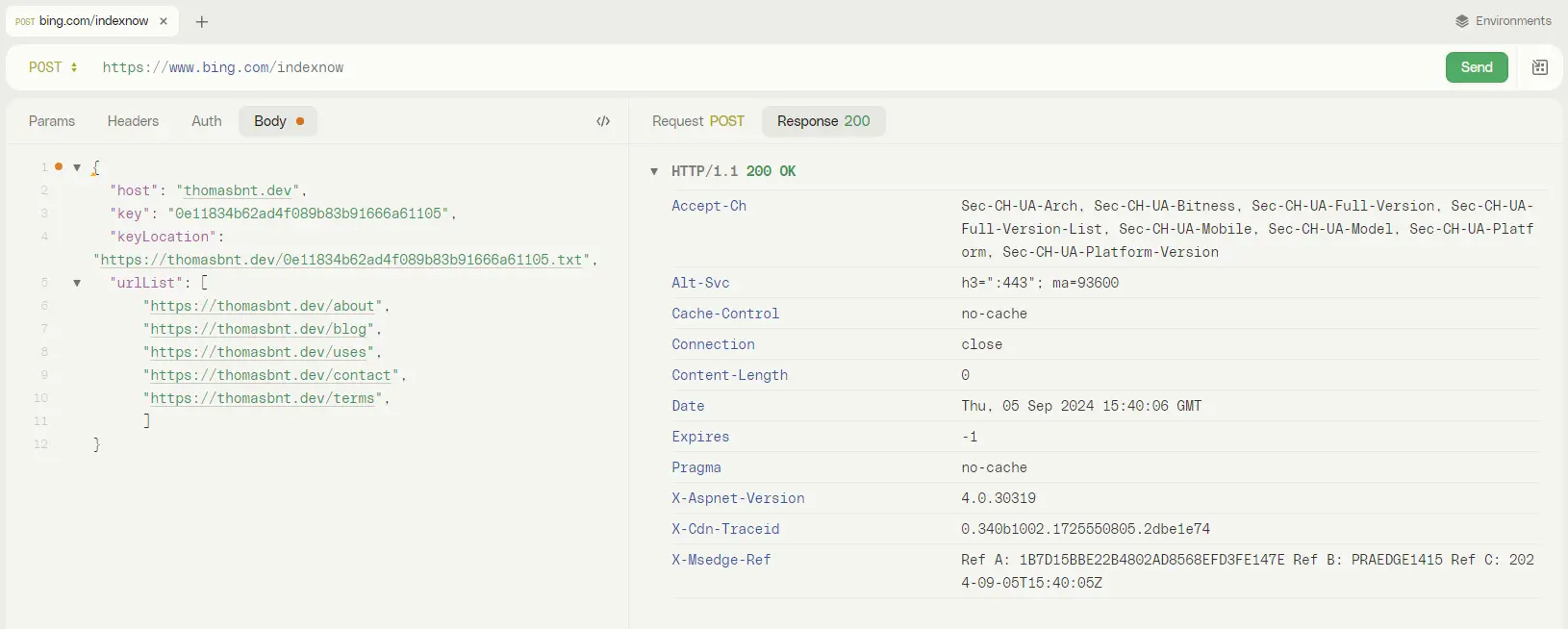 Réponse 200 OK de la requête IndexNow avec HTTPie comme client HTTP