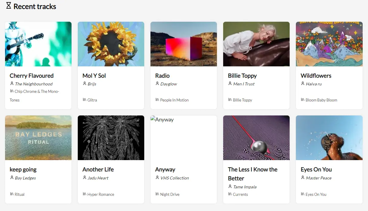 Une preview de la section des récentes écoutes créé à partir de VueJS et de l'API de Last.fm
