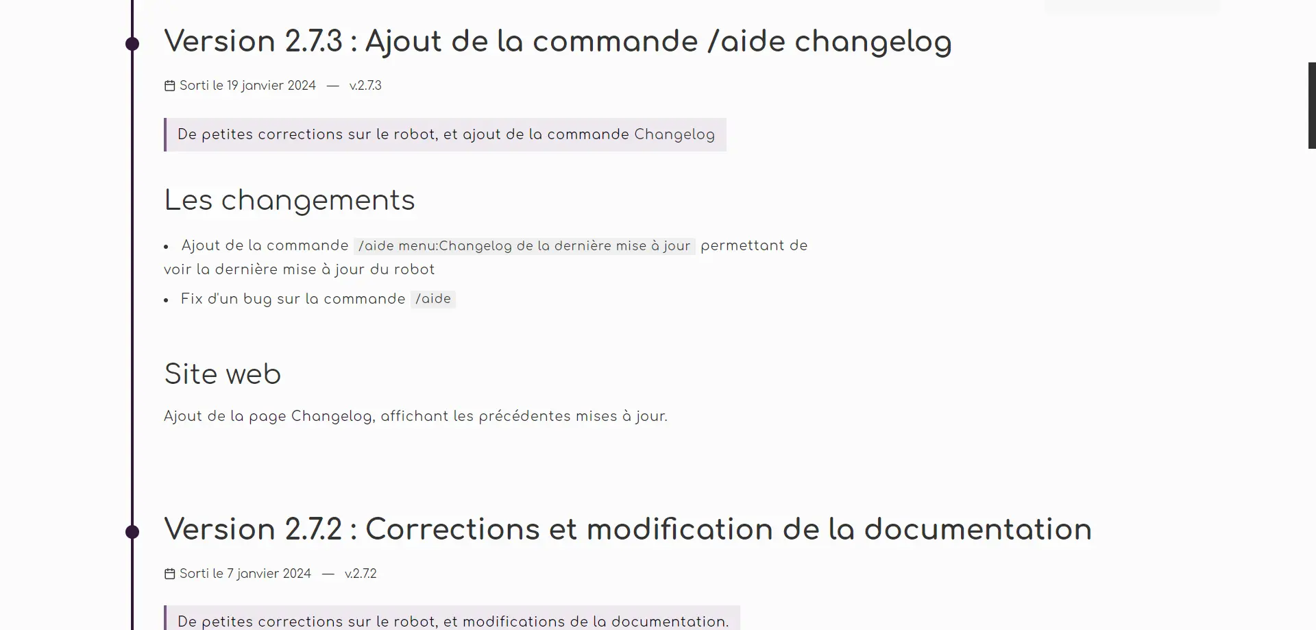 Résultat du code avec les changelogs, intégrant donc le call API de Strapi, et l’utilisation du paquet markdown-it pour transformer le markdown en HTML.