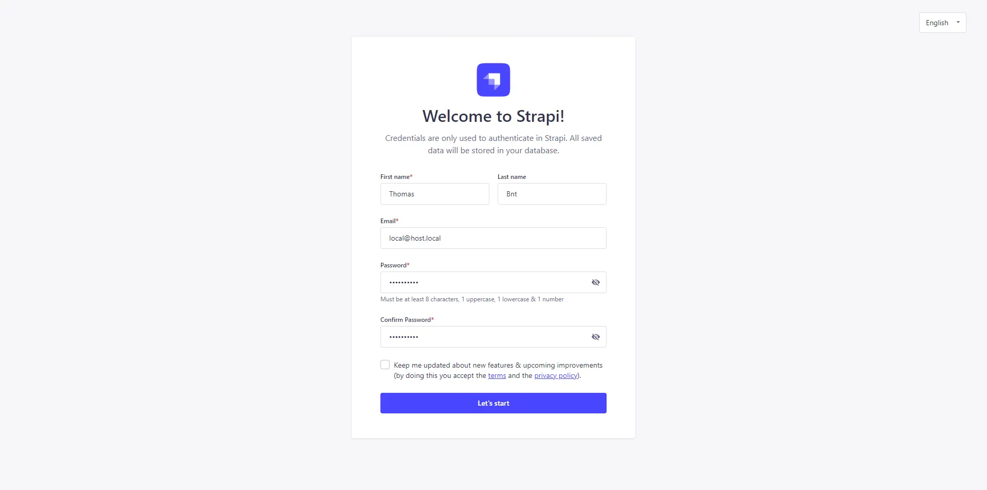 Page d’inscription Strapi pour le premier compte Super Admin avec les champs textes comme le prénom, nom, adresse e-mail et mot de passe.