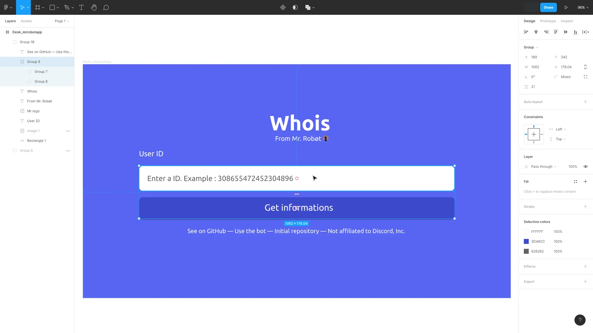 Un exemple de design sur le logiciel Figma reprenant la page Whois de Mr. Robot app