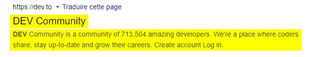 Exemple de SEO avec le site web dev.to sur le moteur de recherche Google