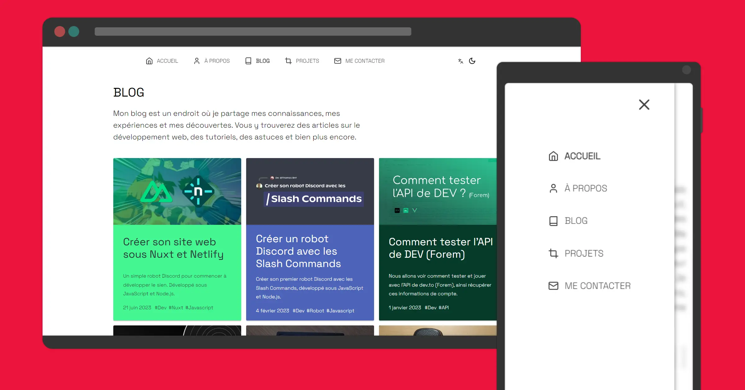 Nouvelle interface de mon site web personnel avec la page blog et le format ordinateur et mobile.