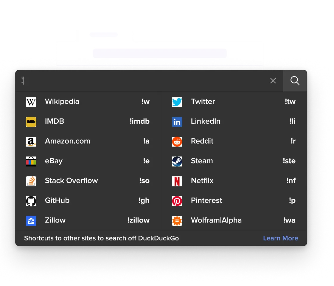 Des exemples de commandes !bang sur DuckDuckGo