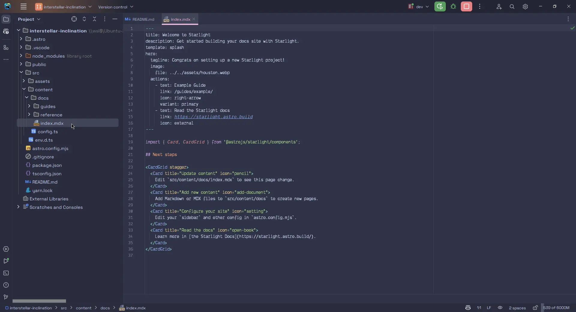 WebStorm IDE avec le fichier index.mdx d’ouvert.