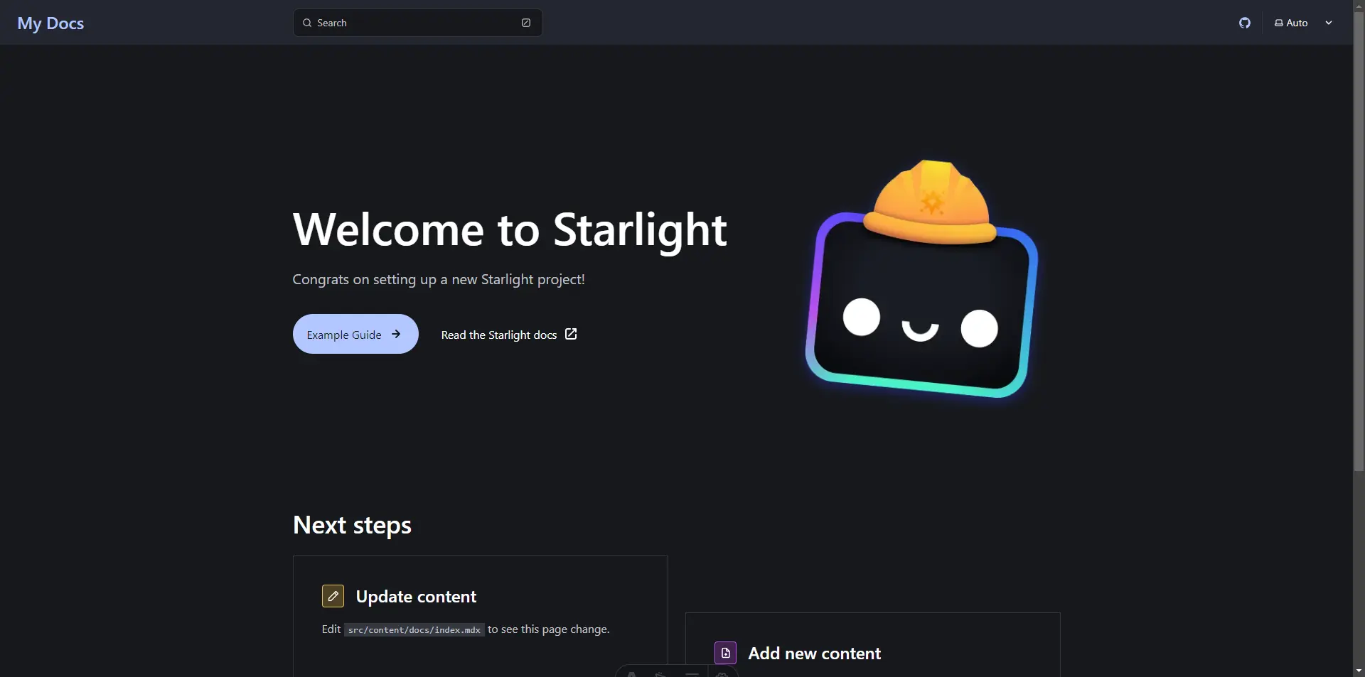 Page d'accueil de la documentation généré par Astro Starlight