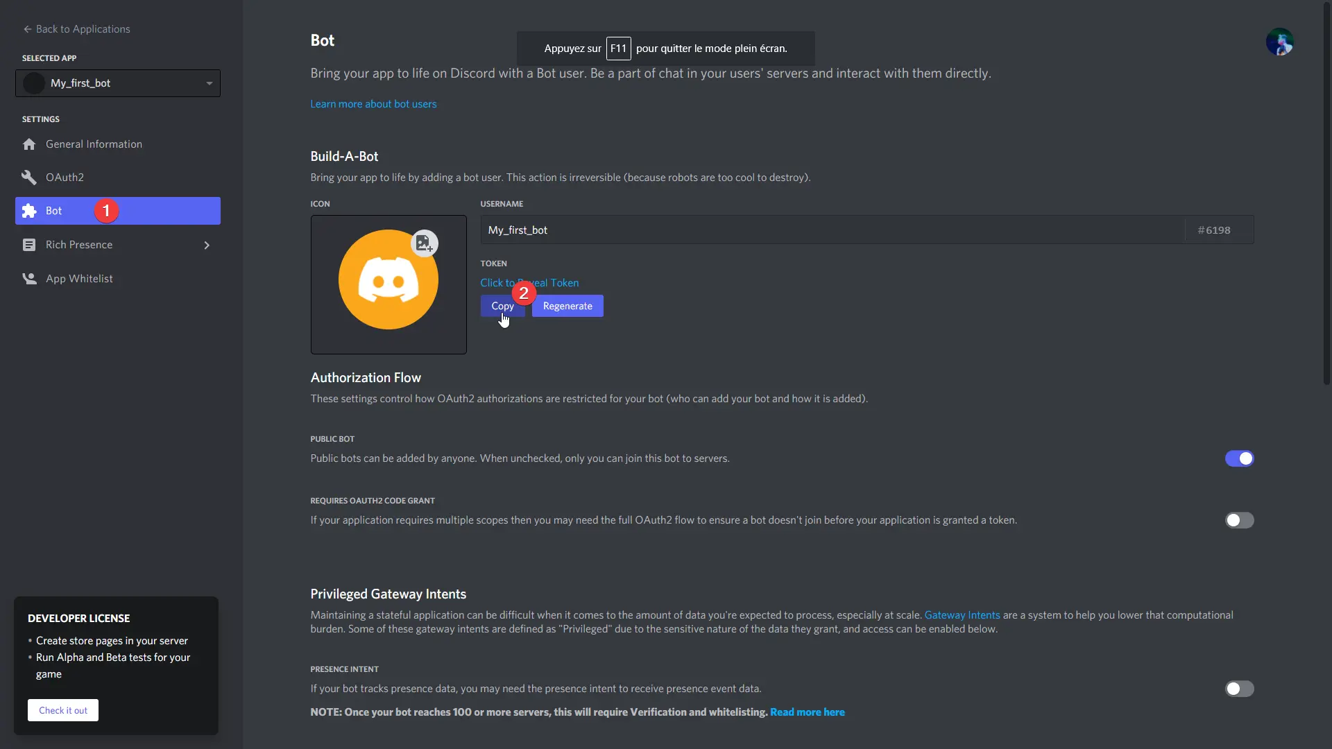 Exemple de token à recopier